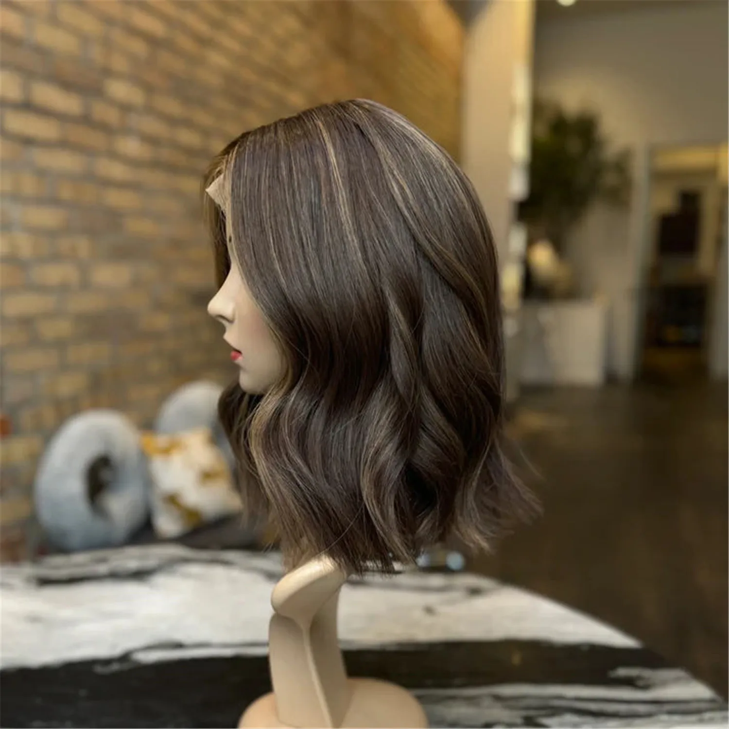 New Bob Hair Deep Wave Dark Roots Brown Synthetic Lace Front Wigs 150%Density Shoulder Length Glulueless Preplucked Premium Wig