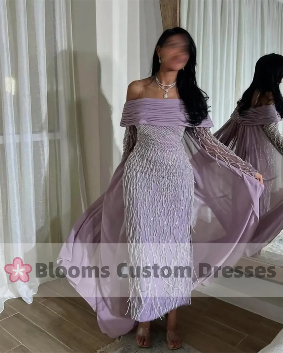 Blooms Off Shoulder Customized Prom Dress Saudi Women Shiny Tassels Party Evening Dresses Long Sleeves Formal Occasion Gown