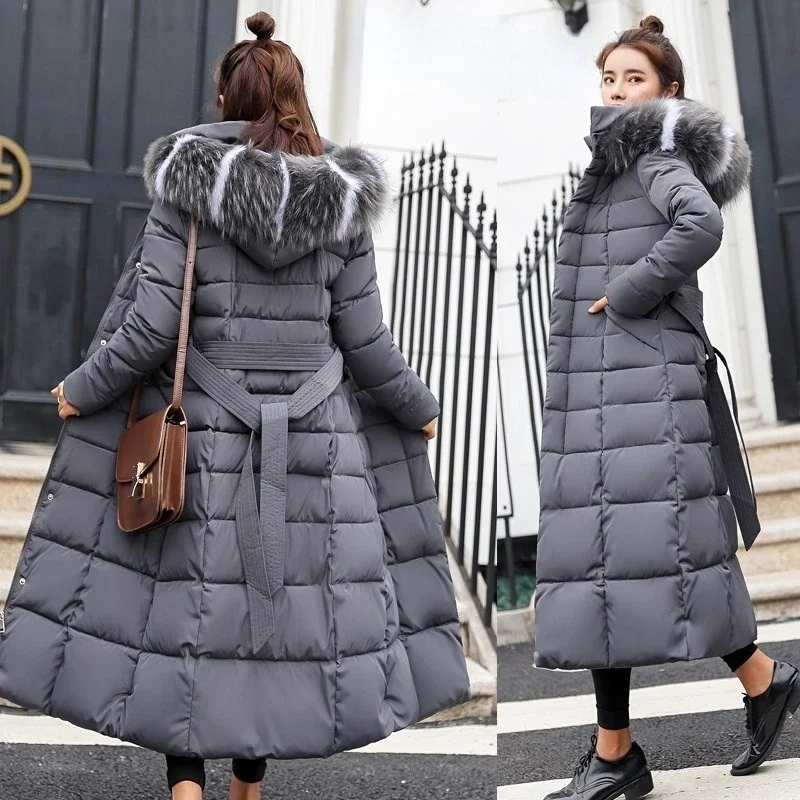 2023 new winter jacket women\'s warm fashion bow belt fox fur collar coat long dress women\'s thick coat