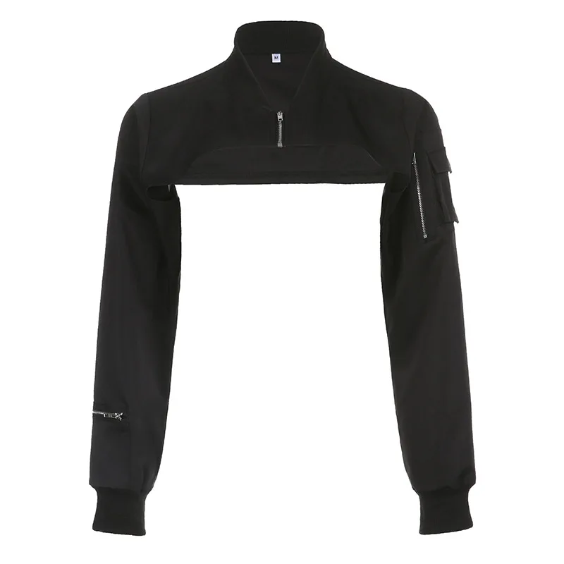 HOUZHOU Techwear Versatile Long Sleeve Zipper Cropped Bomber Jacket with Solid Flap Pockets for Women Irregularly Aesthetic