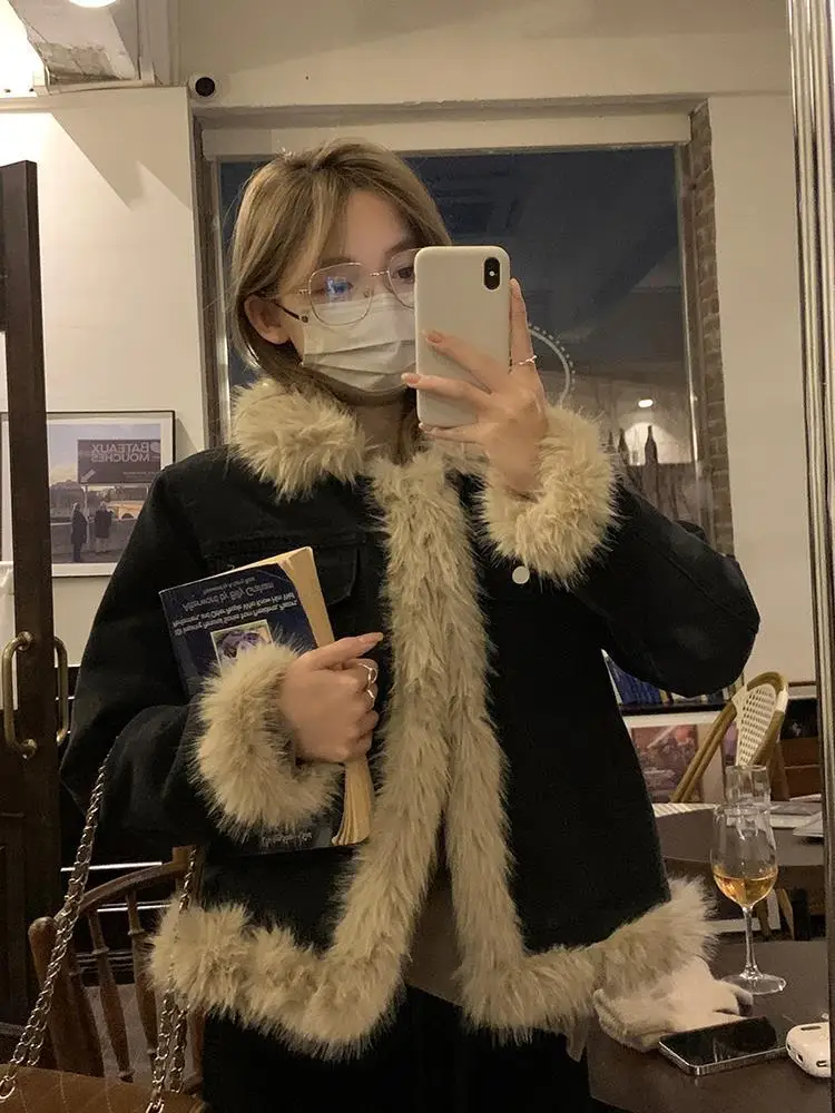 

Джинсовые пальто для женщин, куртки с длинными розовыми рукавами и лацканами, женские меховые плюшевые женские осенние ветрозащитные куртки с клапаном на пуговицах без воротника для отдыха