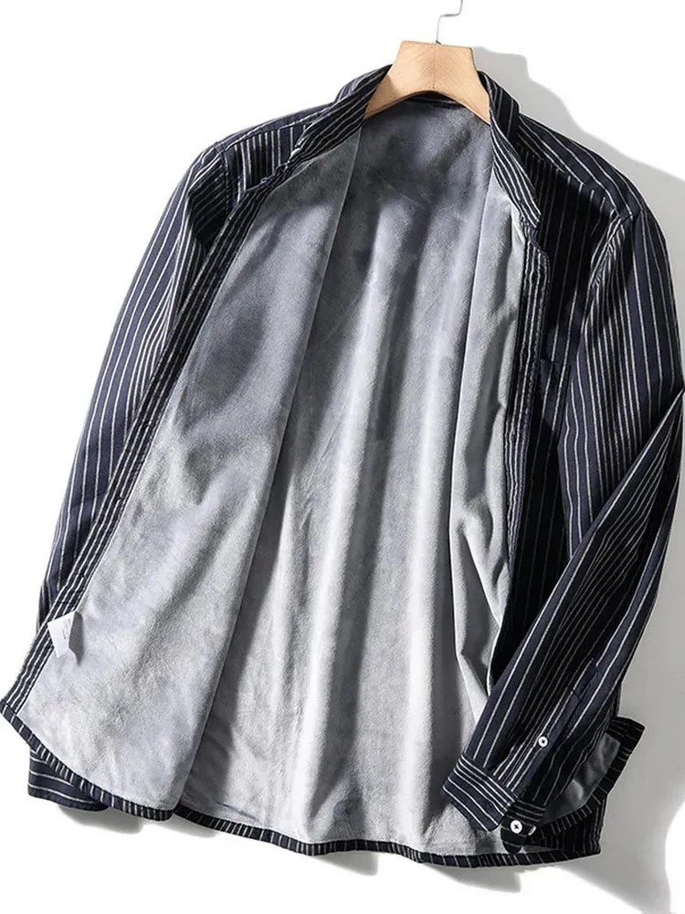

Autumn Winter New Sle Men's Casual Busin irt Fce Lined Loose Fit Collared Warm Base Layer Outerwear Striped Pattern