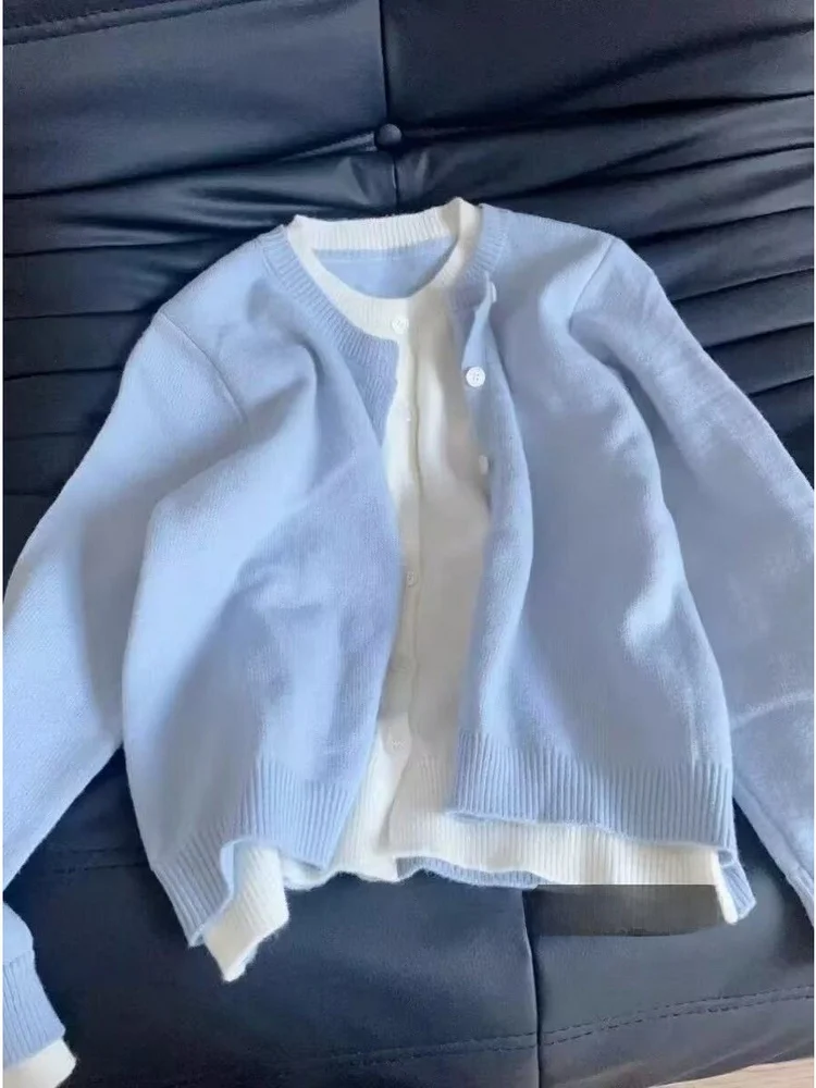 

Blue Knitted Button-Up Cardigan Women's Winter Faion Korean Sle Lazy Sweater Comfortable Fit Regular Sve Length