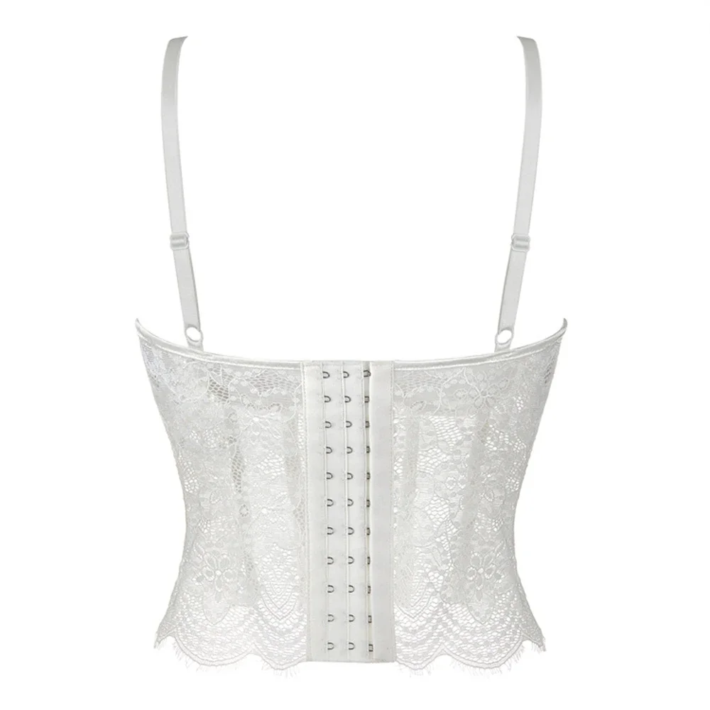 Women Corset Lace Fish Bone Bustier Vest Sexy Mesh Breathable Crop Top White Spaghetti Strap Lace Bra Burlesque Lingerie