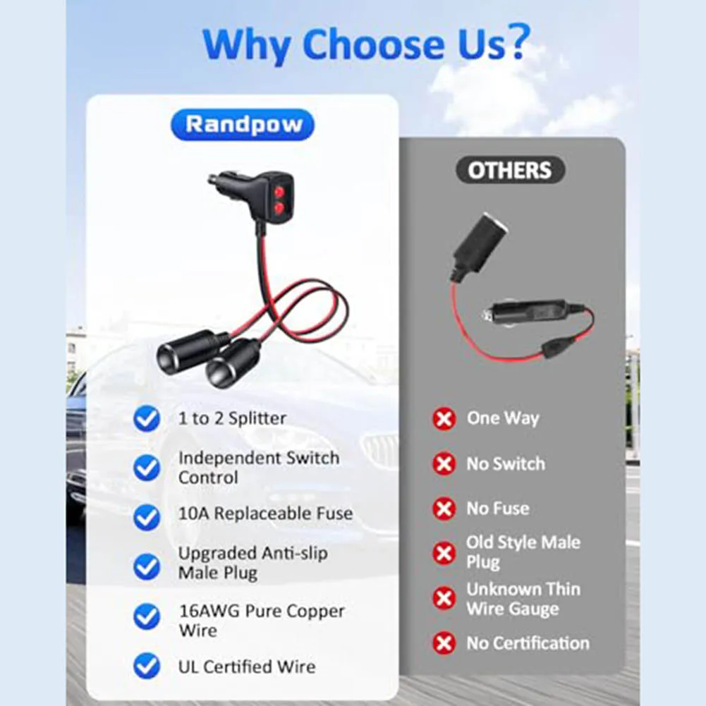 Vehicle Power Tap Car Socket Splitter Independent ON OFF Control 10A Fuse Protection Car Socket As Picture Show