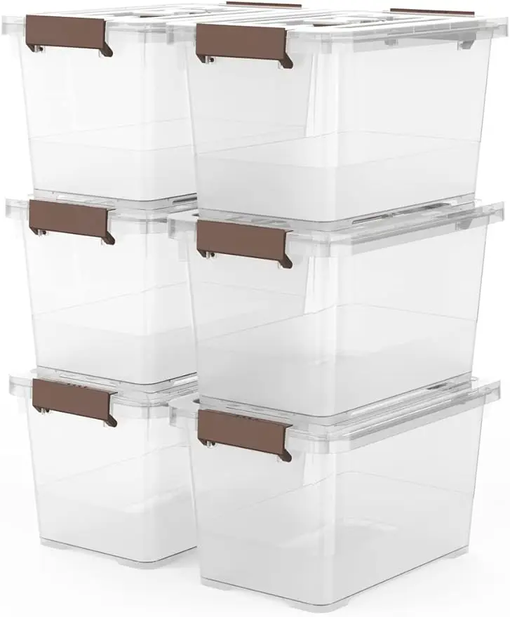 

6-Pack Clear 7 Quart Storage Latch Box/Bins, Plastic Stackable Latching Box with Brown Handle and Lid, Multi-Purpose, 7 Litre