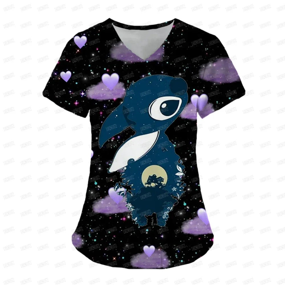 ナース制服トップス V ネック Tシャツディズニーステッチ病院女性服ポケットトップ女性 2025 夏の Tシャツシャツ Tシャツ Tシャツ