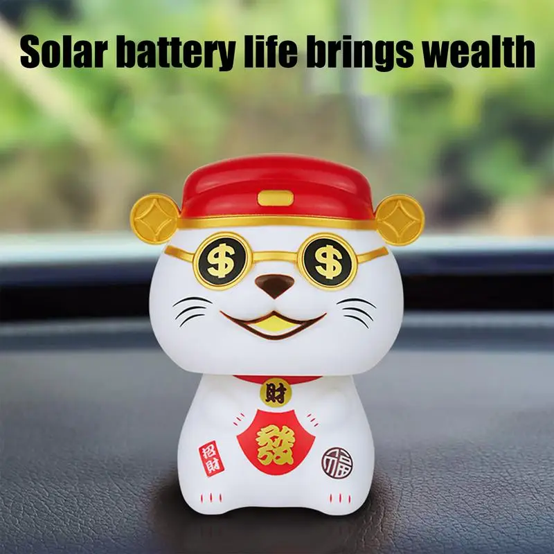 Bobble Head Cat Figurine Solar Nodding Chinese Lucky Cat Statue Good Luck Cat Figurine with Vivid Expression for Bedroom Work