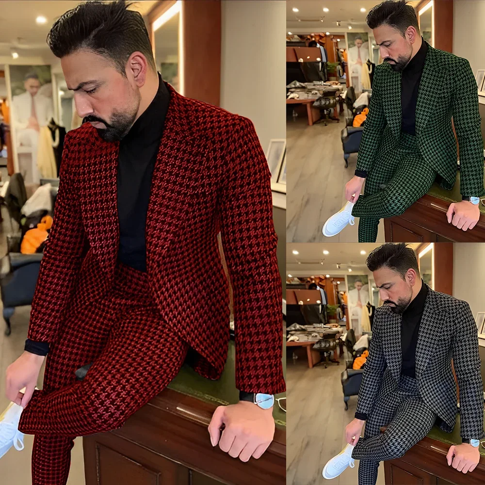 

Houndstooth Men's Suits Slim Fit 2-Piece Set Tuxedo Men's Winter Wool Blazer Pants Wedding Groom Workwear Outfit