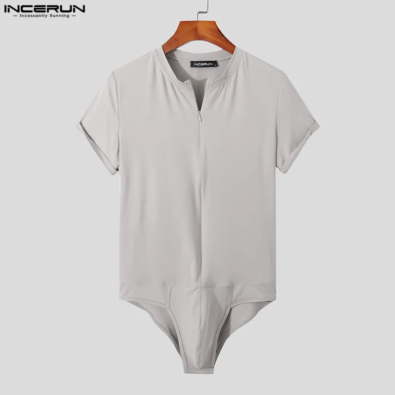 INCERUN Men Bodysuits Solid Color V Neck Short Sleeve Sexy Zipper Underwear Rompers Fashion Cozy 2023 Casual Men Bodysuit S-5XL