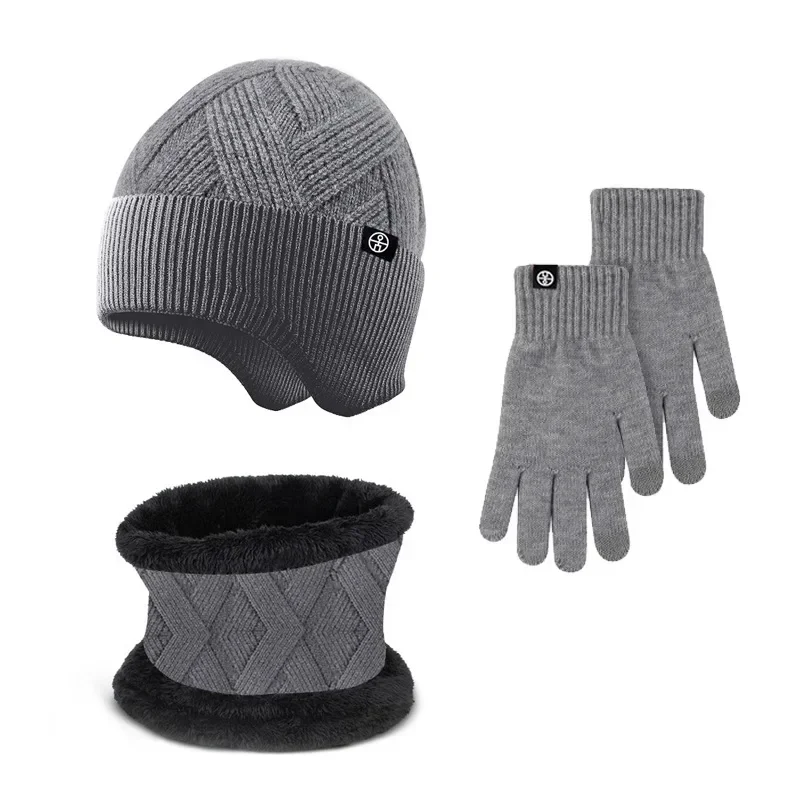 Men's Winter Keep Warm Set Fleece Lining Beanie Telefingers Gloves Thicken Scarf Knit Muffler Unisex Hat Solid Color Neckerchief