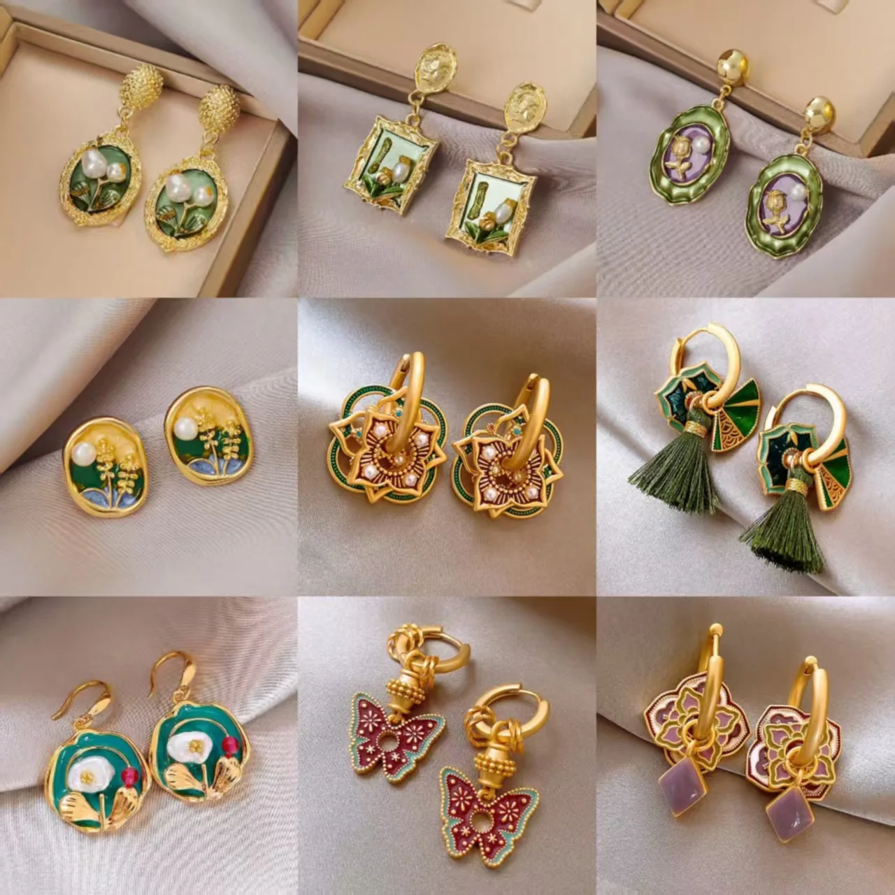 Baroque Pearl Flower Earrings French Vintage Green Oil Painting Elegant Light Luxury for Women Daily Wear Gold Metal