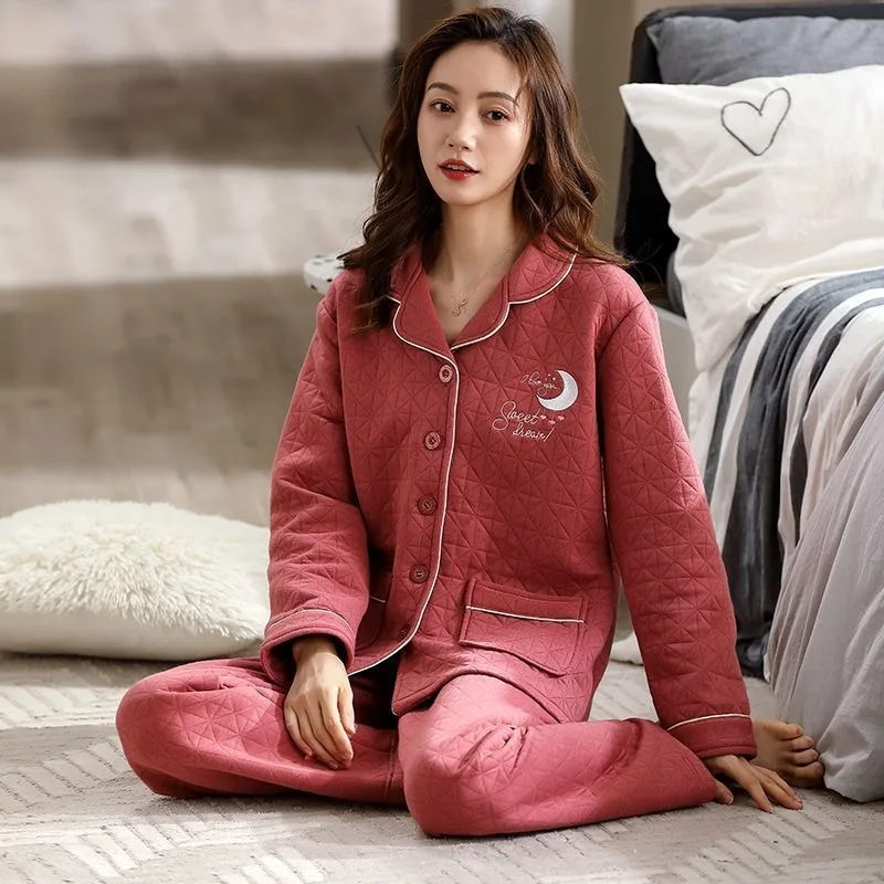 2023 New Autumn Winter Women\'s Pajamas Three Layers Pure Cotton Thickened Warm Air Cotton Interlayer Thin Cotton Set Homewear