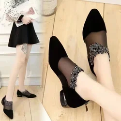 2023 Summer Sandals Women Pointed Low Heels Women's Shoes Black Lace Ankle Zipper Flowers Casual Spring Autumn Comfortable