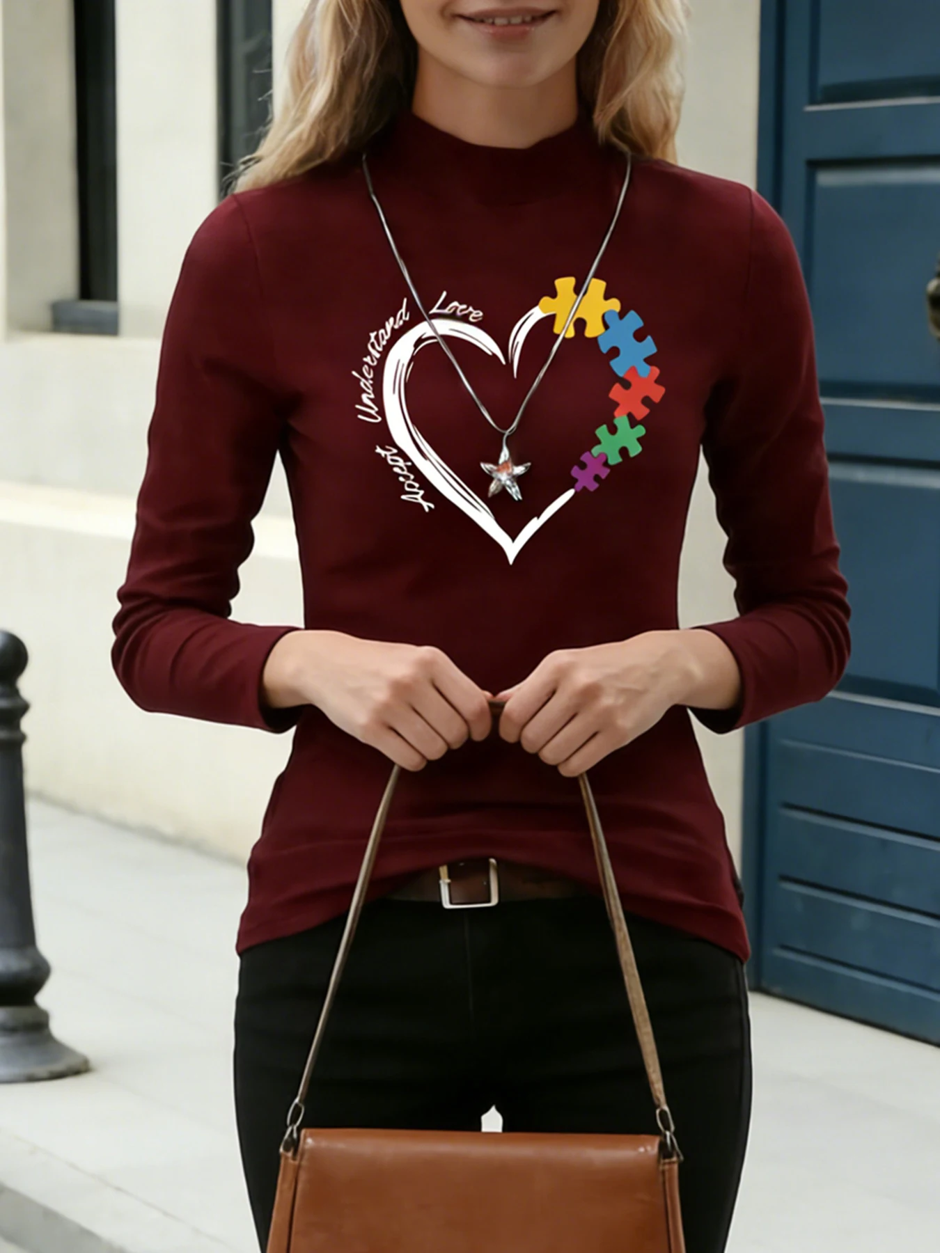 Damen-Oberteil mit Stehkragen und langen Ärmeln, rotes Herz, „I Love You“-Aufdruck, lässige Bluse, Basic-T-Shirt für den Alltag, weiche Oberteile für Frühling und Herbst