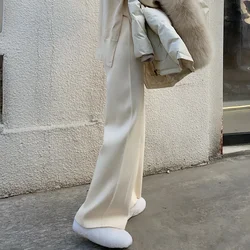 Cream white knitted wide leg pants for women 2024 new elastic waist high waist hanging straight leg pants