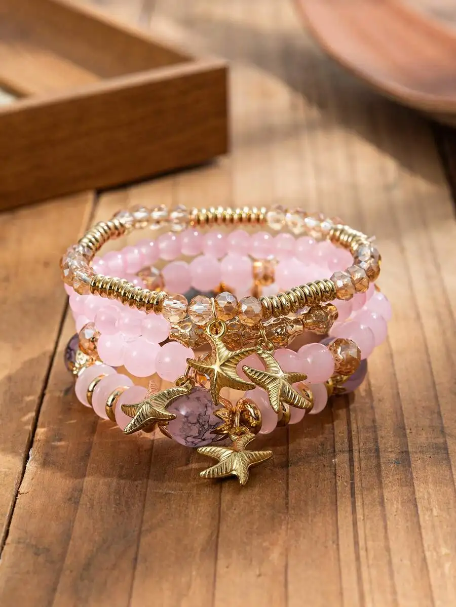 

4pcs Bohemian Ocean Starfish Pendant Multi-Layer Beaded Bracelet Set For Women