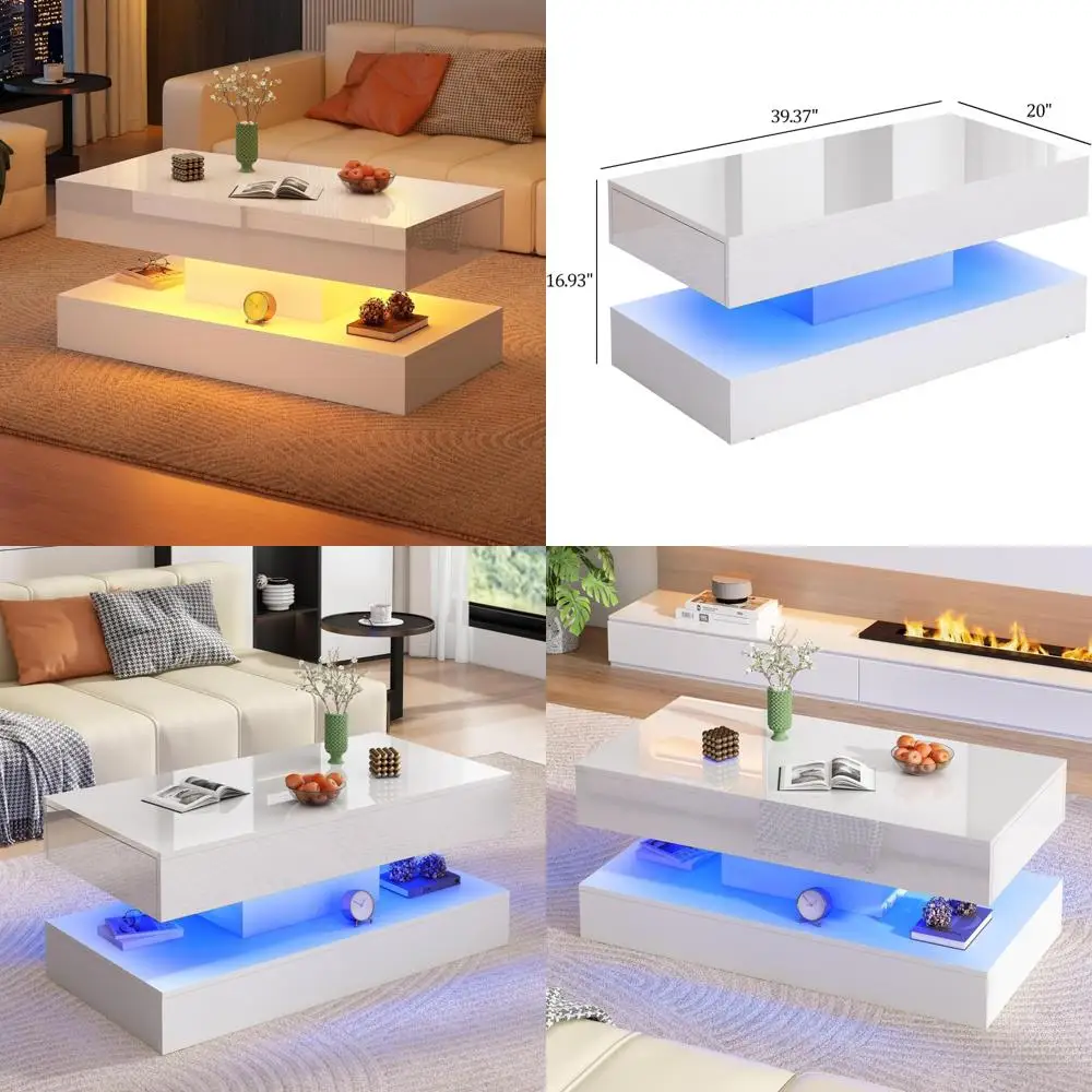 

Large 39.37in High Glossy LED Coffee Table with Storage Drawers, Modern Black/White Living Room Furniture, Sleek Contemporary De