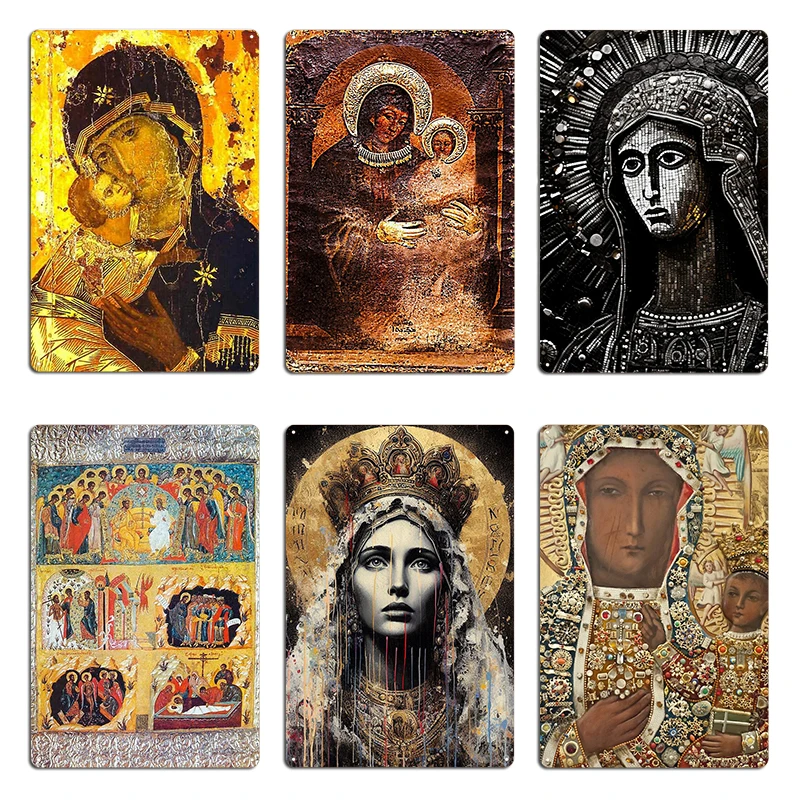 Antique Russian Madonna Icon Virgin Mary Theotokos of Vladimir Orthodox Iconography Metal Cinema Character Party Tin Sign Poster