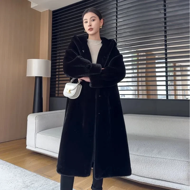 High End Fashion Hooded Long Fur Jacket For Women Winter Thicken Warm Imitation Mink Fur Overcoat Female Loose Faux Fur Coat