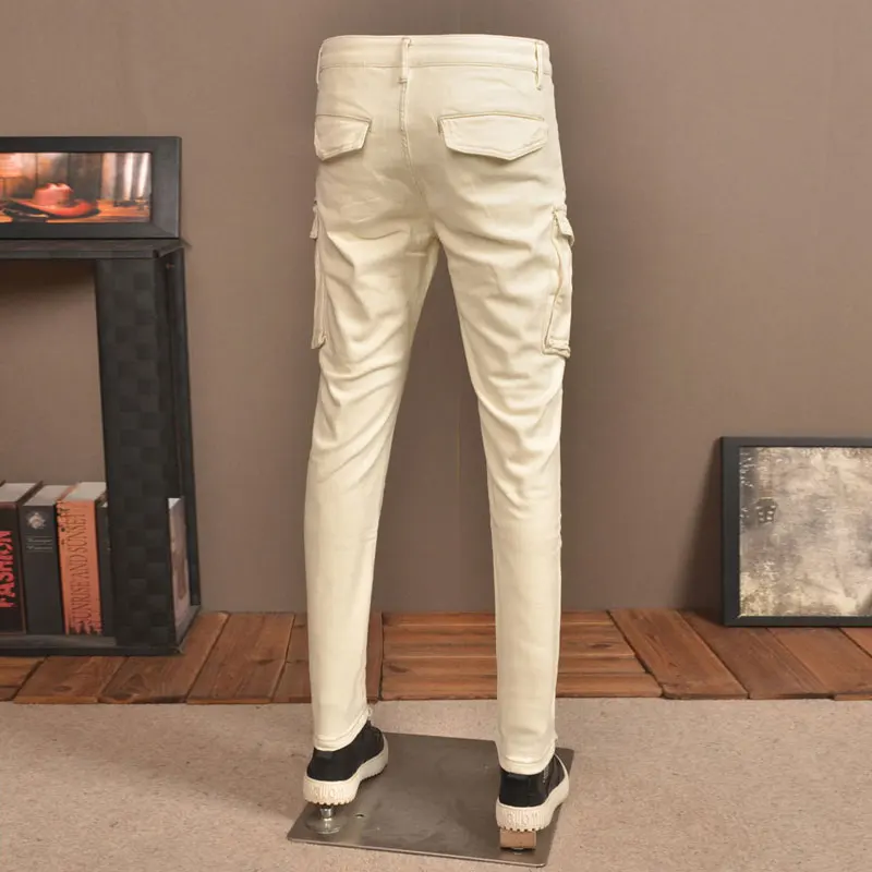 Street Fashion Men Jeans Beige White Stretch Slim Fit Hip Hop Biker Jeans Men Pockets Designer Casual Denim Cargo Pants Hombre