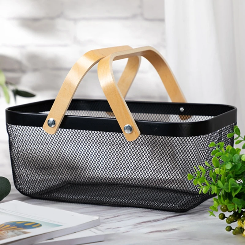 Nordic Metal Mesh Fruit Basket Bin with Double Wooden Handle Kitchen Wrought Iron Rectangle Storage Dropshipping