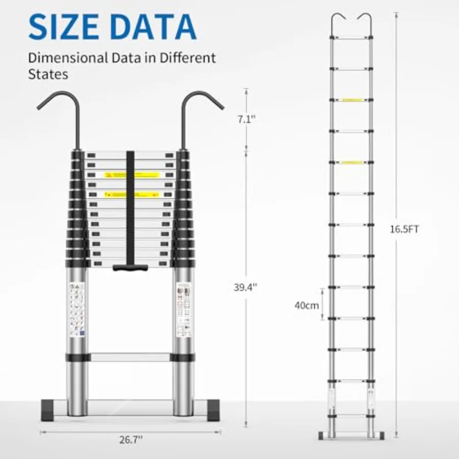 16.5 FT Extension Ladder Heavy Duty 330lbs Max Capacity Aluminum Multi-Purpose Collapsible Ladder with Stable Hook and Balancin