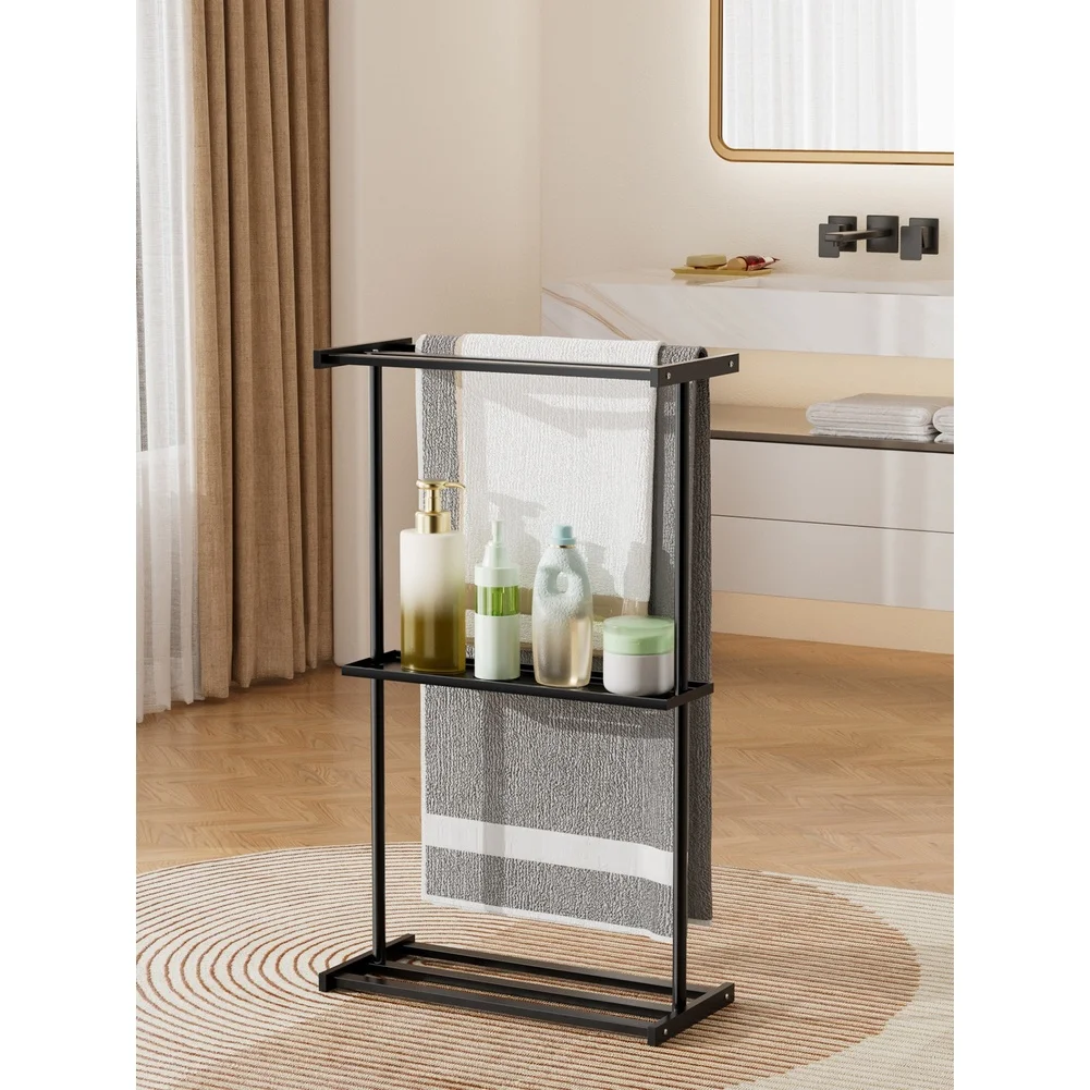 Freestanding Dual Shelf Towel Rack for Bathroom Carbon Steel Frame Sleek Minimalist Black Design 40.5x12.5x4.5cm