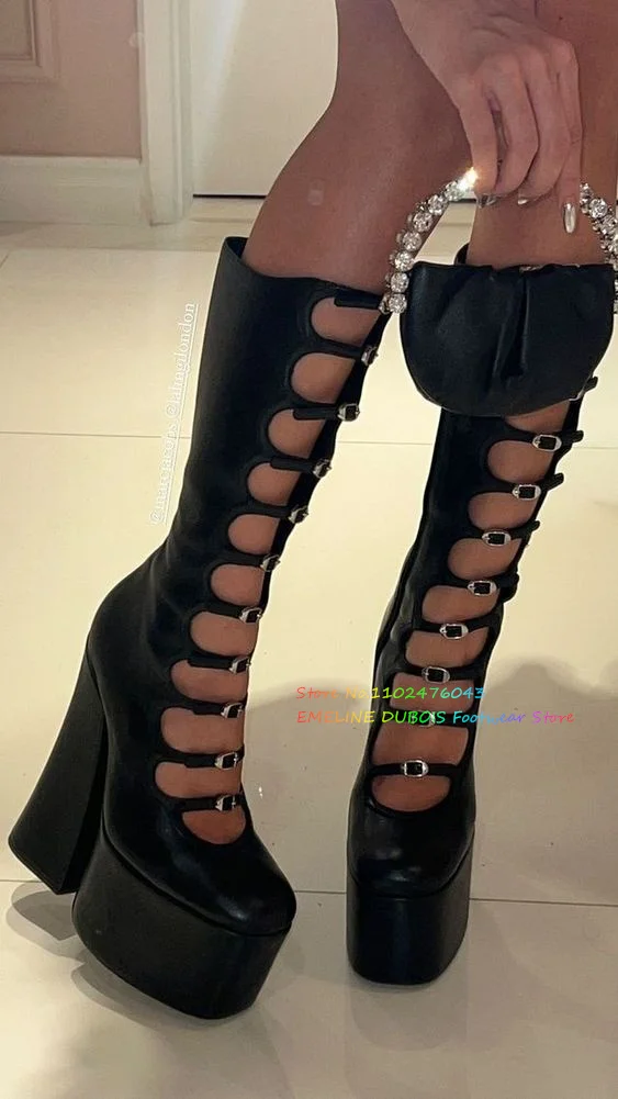 Black Platform Thick Heel knee High Boots Women Round Toe Chunky Heel Hollow Buckle Strap Summer New Punk Style Cool Boots