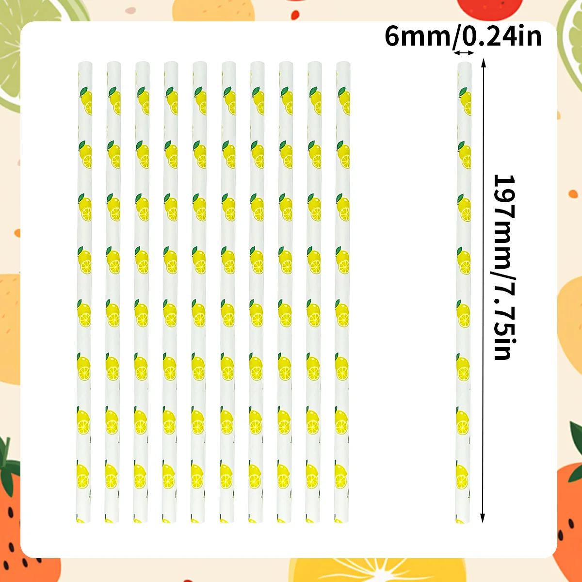 100 Pcs--6*197MM Lemon Pattern Bulk Paper Straws For Wedding Party, Drinkware, Drinks, Dessert and DIY Decoration