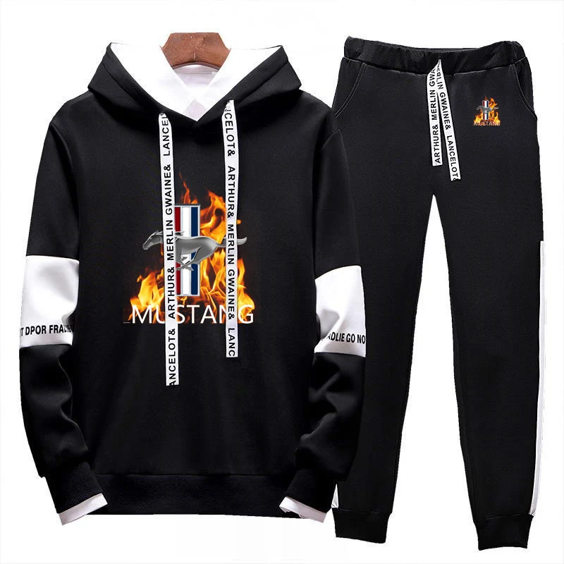 

Mustang Printing Men Casual Set Hooded Solid Patchwork Autumn Sportswear Hoodies+Pants 2PCS Sets Hip Hop Street Loose Tracksuits