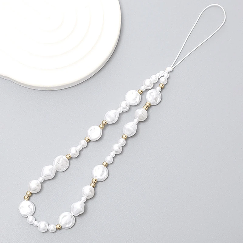 Korean 3D Cute Baroque White Pearl Beads Beaded Phone Chain For iPhone 16 Camera Hanging Rope Anti-Lost Lanyard Hanging Jewelry