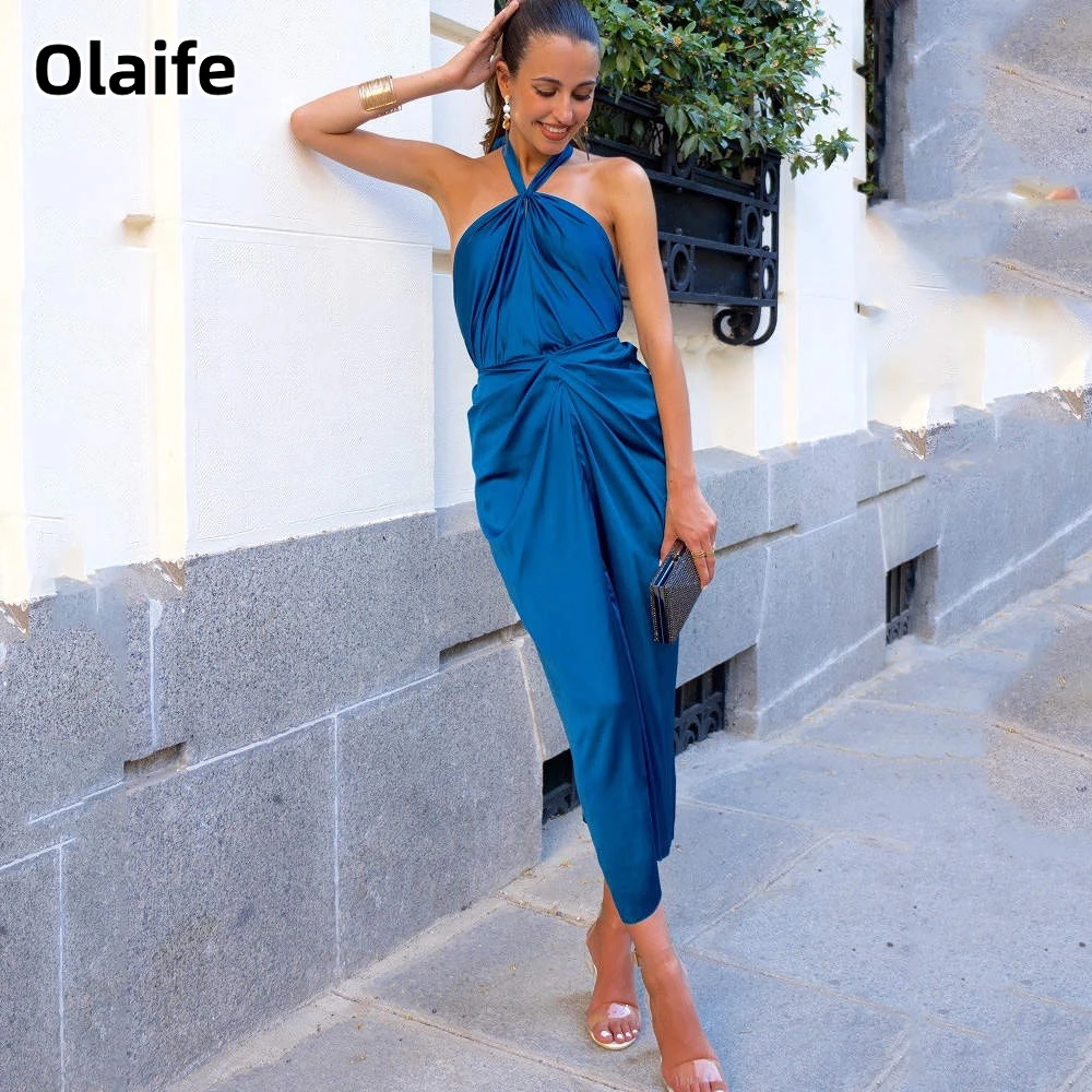 

Olaife Sexy Halter Sleeveless Tea Length Backless Mermaid Prom Dress Elegant Formal Cocktail Party Gown Vestidos De Noche