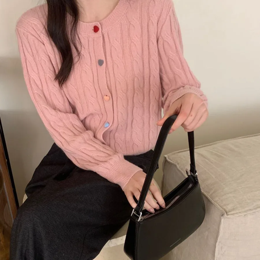 Damski sweter z dzianiny sweter Vintage pełny guzik na rękawie gruby sweter prosty jednolity, na co dzień elegancki płaszcz z dzianiny znosić 2024