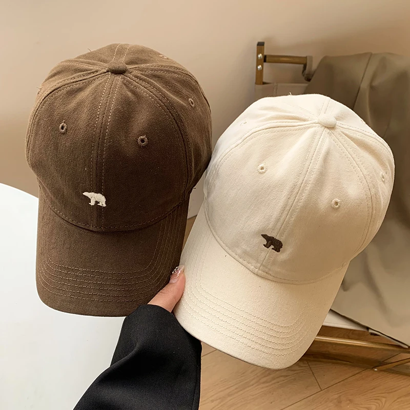 Polar Bear Embroidered Baseball Cap Women\'s Soft Top Wide Brim Face-Looking Small Peaked Cap Circumference Beige Hat Fashion