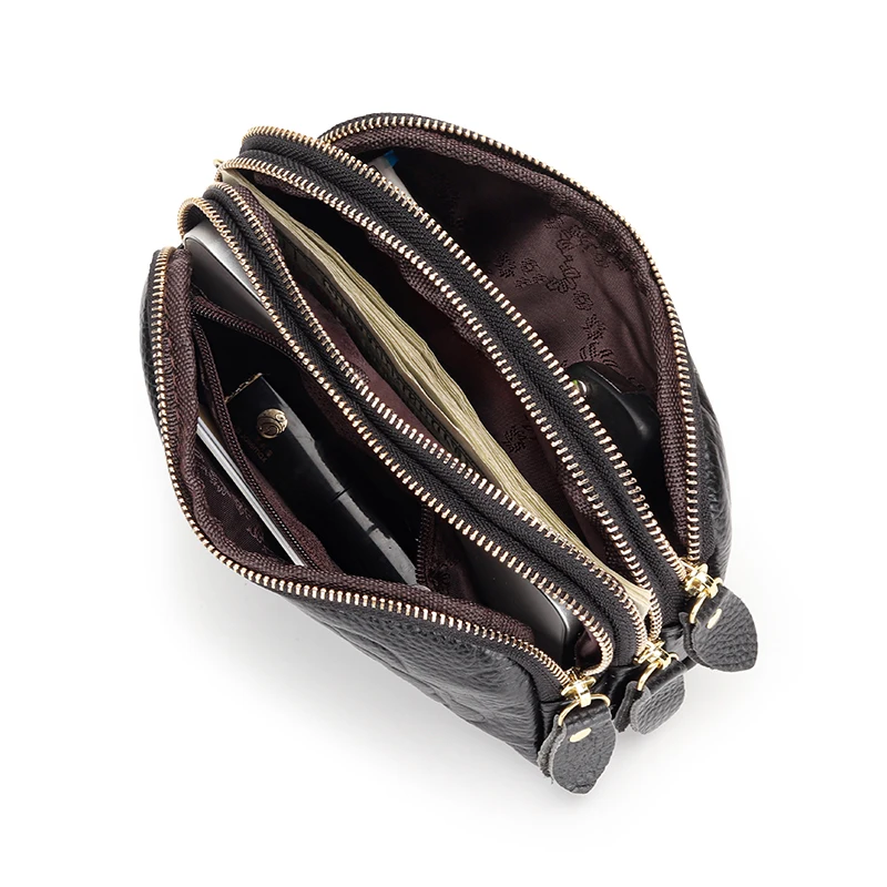 Hot Selling Genuine Leather Women Clutch Wallets with Wrist Strap Fashion Embossed Flowers Three Zippers Compartment  Wallet