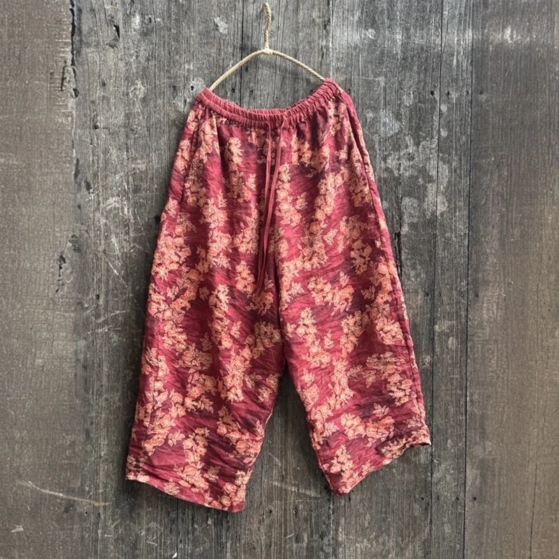 

100% льняные женские повседневные брюки, новинка 2025 года, осень, винтажный стиль, свободные удобные женские брюки до щиколотки с цветочным принтом M1908