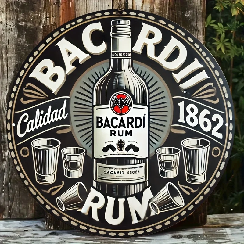 2D Flat - 1pc Bacardi Rum 18.62inch Round Aluminum Sign - Vintage Style with Bacardi Bottle & Glasses Design, Durable Metal