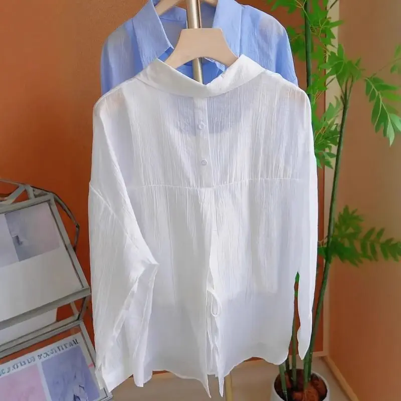 Women's Chiffon Solid Lightweight Summer Blouse White Polo Long Sleeve Sunshirt Back Slit Tie