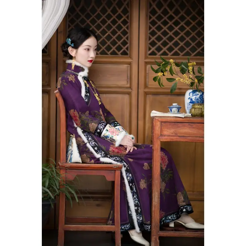 

Purple Shao Floating Moon Shu Fragrant Cloud Yarn Ruyi Cloud Head Embroidery Retro Republic of China Style Cheongsam