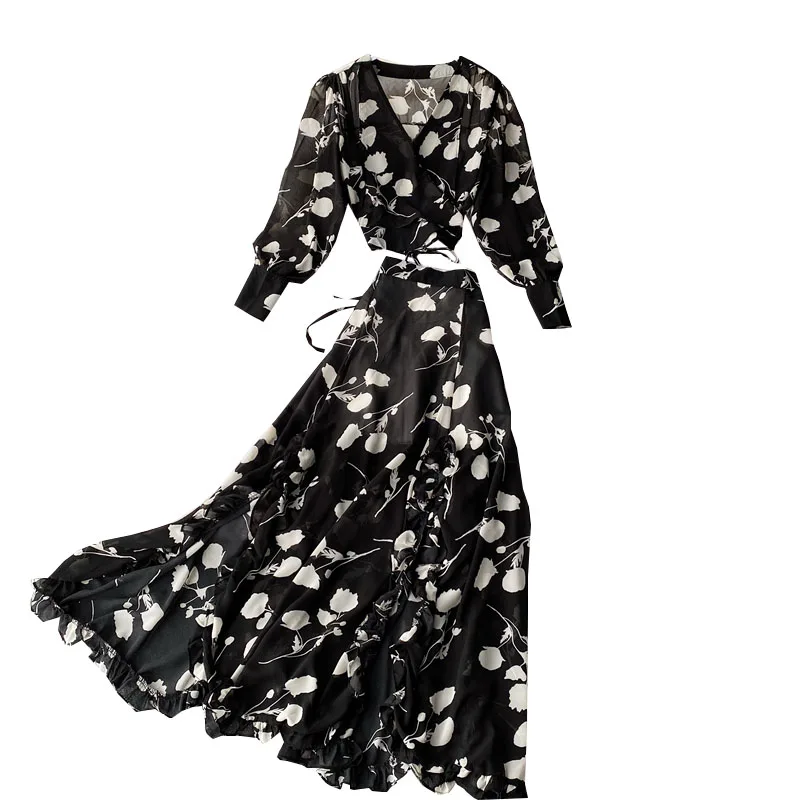 مجموعة الموضة تنورة مع حزام فقاعة كم الخامس الرقبة الشيفون قميص انقسام تنحنح عالية الخصر الشيفون تنورة طويلة قطعتين مجموعة #5