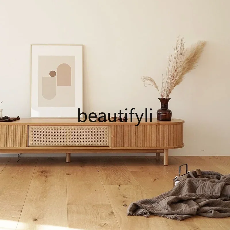 Japanese-style solid wood rattan TV cabinet Small apartment household locker Simple and modern