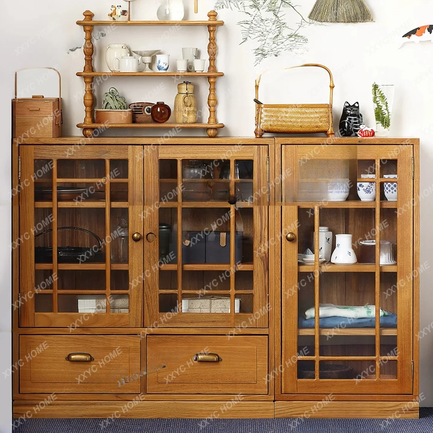 

Old teak dining side cabinet glass door locker tea space tea set porcelain storage display cabinet