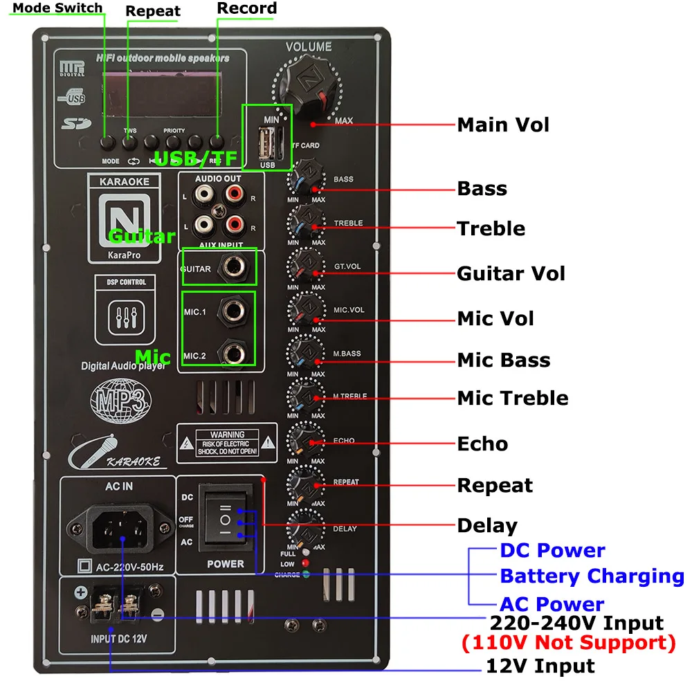 Imagem -02 - Digital Bluetooth 2.0 Estéreo 2*150w 300w Placa Amplificadora para 818 Alto-falante Polegada com Microfone Guitarra no Alto-falante Diy 12v 220v