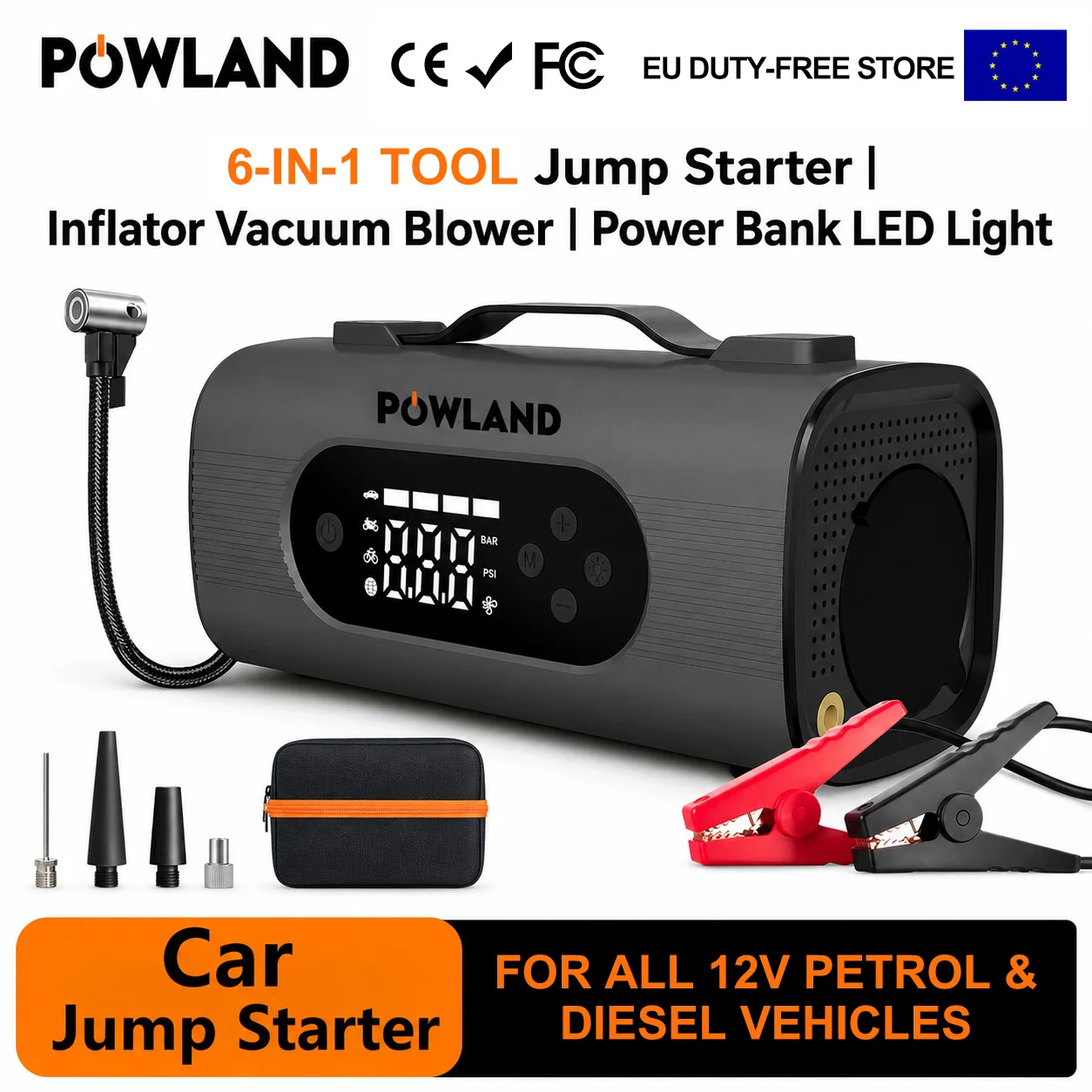 POWLAND Démarreur de voiture 4000A, compresseur d'air 150 PSI, souffleur, aspirateur, batterie externe, lampe LED pour voiture et moto 12V