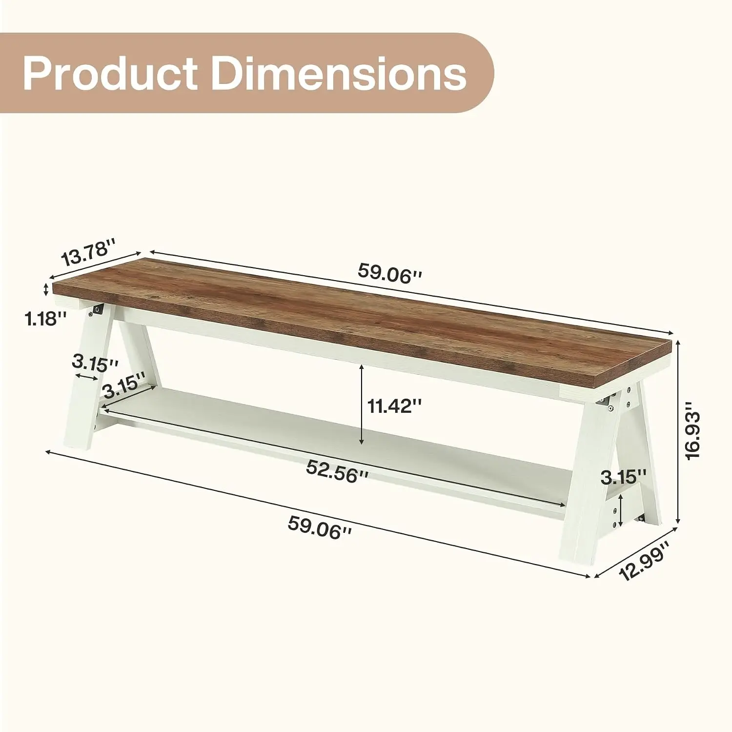 Farmhouse TV Stand 65 Inch, 2-Tier Entertainment Center Open Shelves, Console Living Room Bedroom, White & Brown, Customized