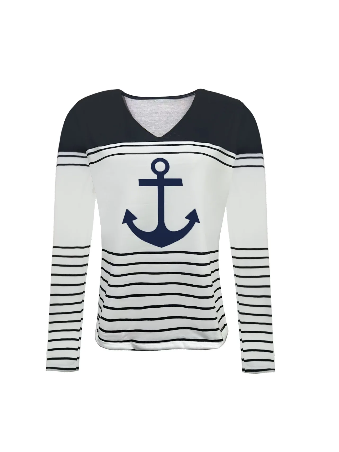 Anchor Print Striped Colorblock V-Neck Long Sleeve Top Women T Shirt Tee Fashion Casual Summer Spring