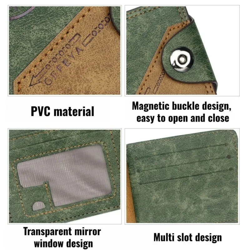 Vintage Herren-Geldbörse aus gespleißtem PVC-Leder mit Magnetverschluss, kurzer Bifold-Geldbeutel mit Kartenfächern, Ausweisfenster und Bargeldfach – Detail 2
