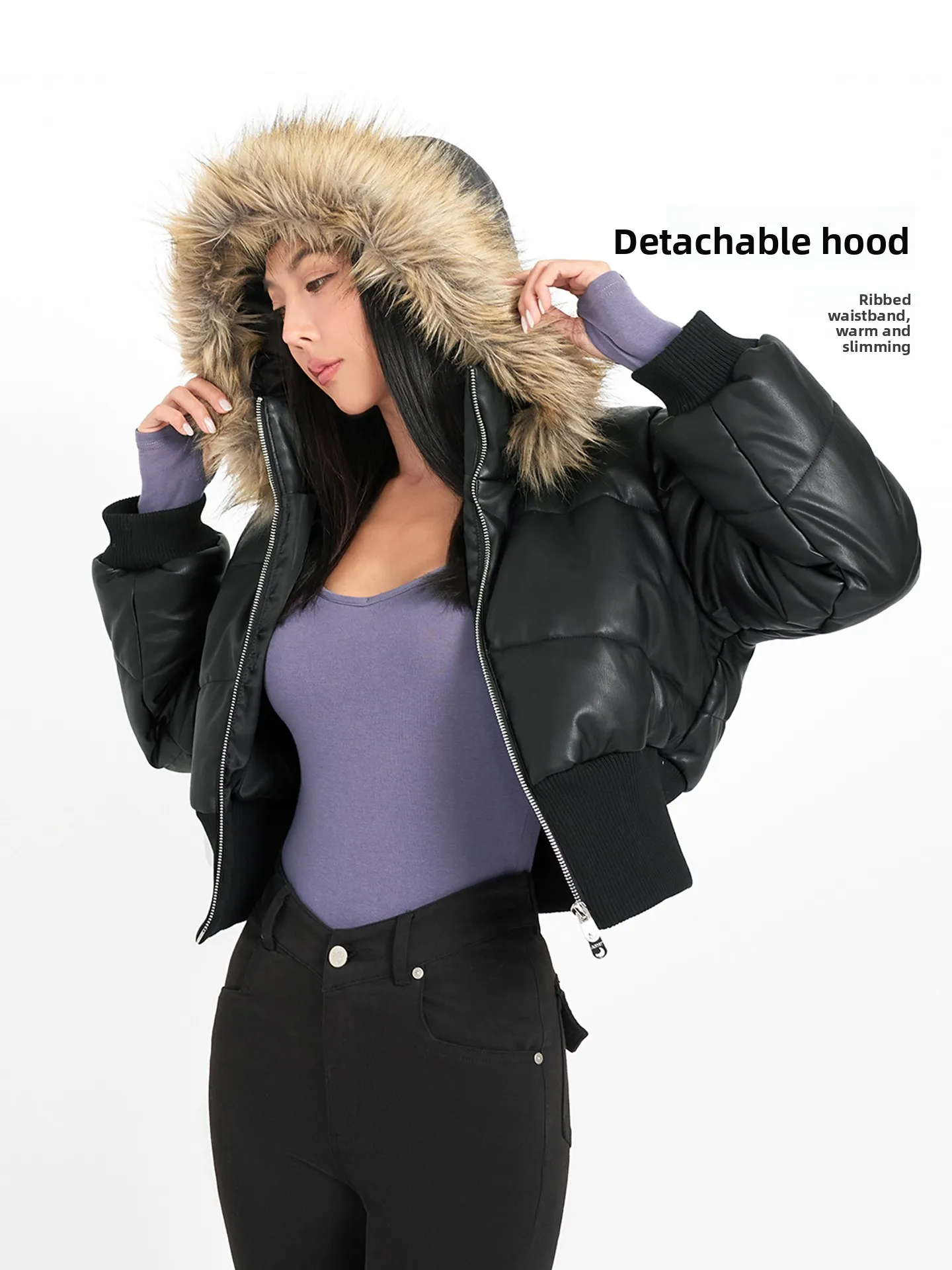 

ABMY Thiened Winter Cotton Jaet Women's ort Fit Coat with Hood Fur Collar Removable Zipper Closure Straight Tube pe