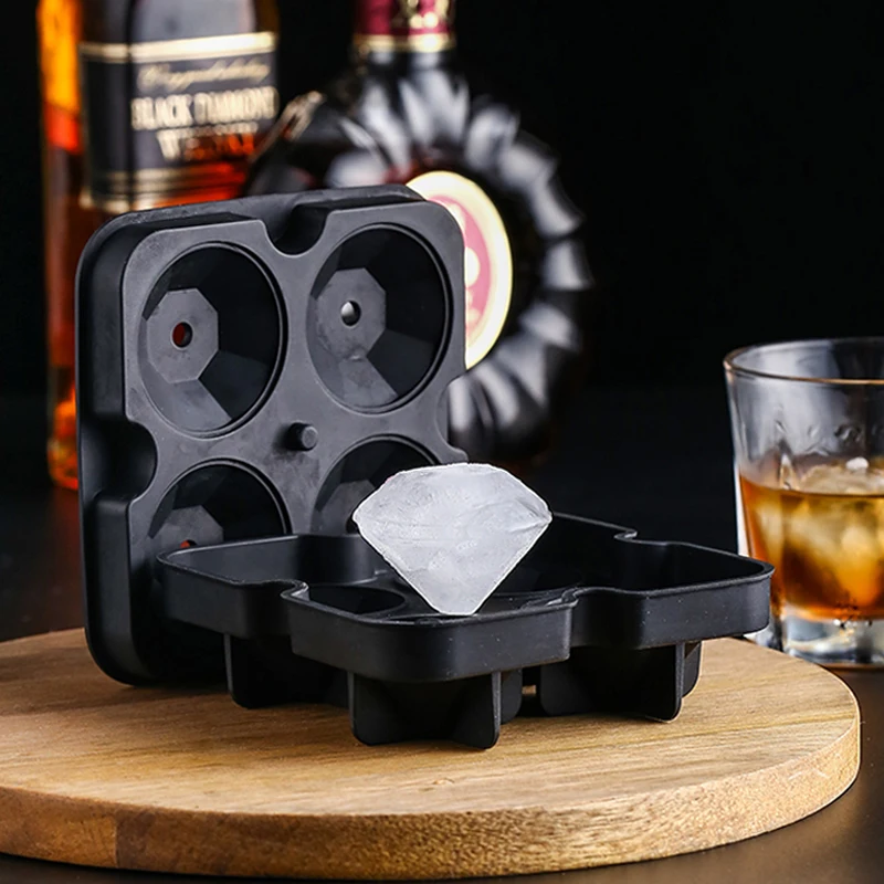 4 Cavity Ice Cube Tray Silicone Ice Mold 3D Diamond Football Ice Shape Whisky Ice Ball Maker Mould Forms Kitchen Accessories